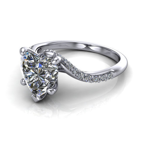 Aurora heart classic engagement ring in 14K White Gold, three-quarter perspective showing the solitaire center diamond above a twisting pav&eacute; bypass shank