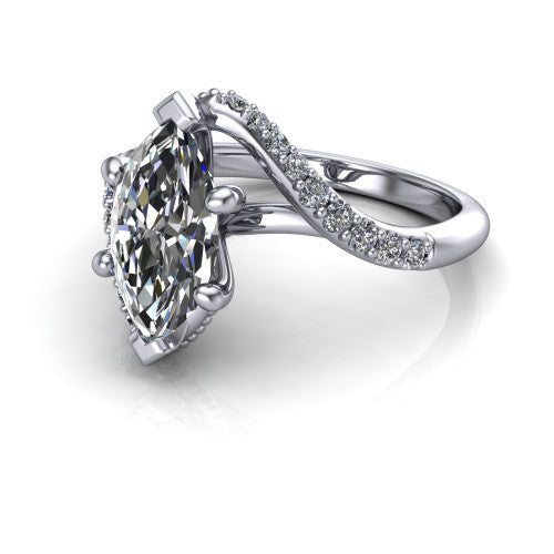 Aurora marquise classic engagement ring in Platinum, three-quarter perspective showing the solitaire center diamond above a twisting pav&eacute; bypass shank