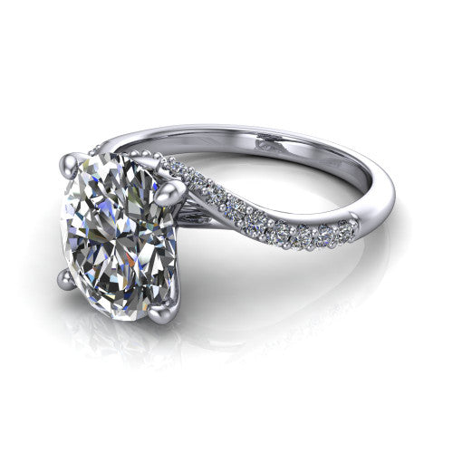 Aurora oval classic engagement ring in 14K White Gold, three-quarter perspective showing the solitaire center diamond above a twisting pav&eacute; bypass shank