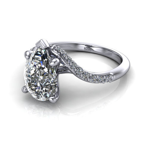 Aurora pear classic engagement ring in 14K White Gold, three-quarter perspective showing the solitaire center diamond above a twisting pav&eacute; bypass shank