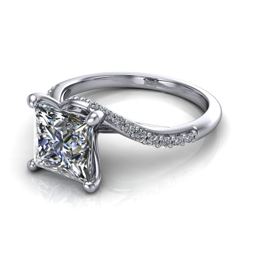 Aurora princess classic engagement ring in 14K White Gold, three-quarter perspective showing the solitaire center diamond above a twisting pav&eacute; bypass shank