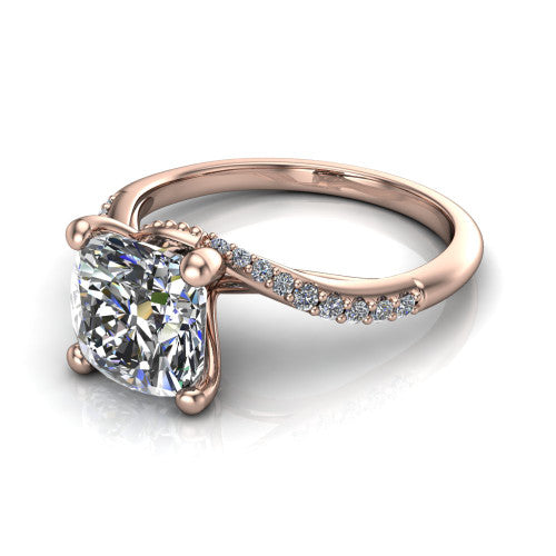 Aurora cushion classic engagement ring in 18K Rose Gold, three-quarter perspective showing the solitaire center diamond above a twisting pav&eacute; bypass shank