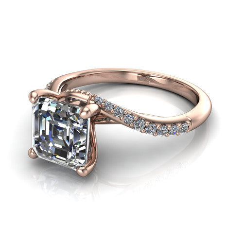 Aurora asscher classic engagement ring in 14K Rose Gold, three-quarter perspective showing the solitaire center diamond above a twisting pav&eacute; bypass shank