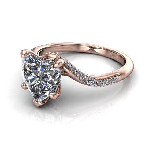 Aurora heart classic engagement ring in 14K Rose Gold, three-quarter perspective showing the solitaire center diamond above a twisting pav&eacute; bypass shank