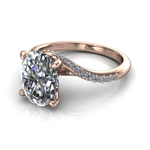 Aurora oval classic engagement ring in 14K Rose Gold, three-quarter perspective showing the solitaire center diamond above a twisting pav&eacute; bypass shank