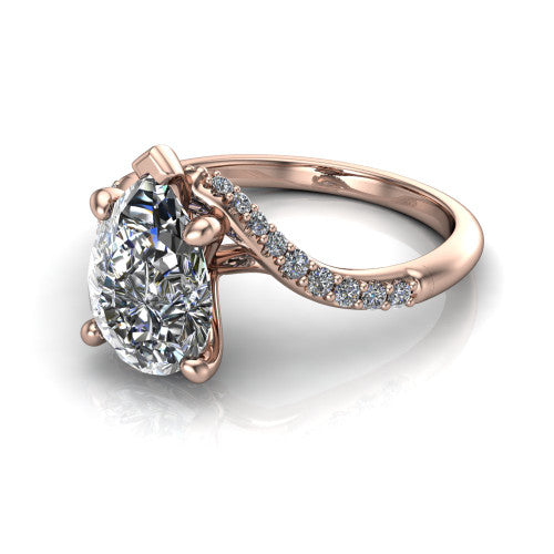 Aurora pear classic engagement ring in 14K Rose Gold, three-quarter perspective showing the solitaire center diamond above a twisting pav&eacute; bypass shank