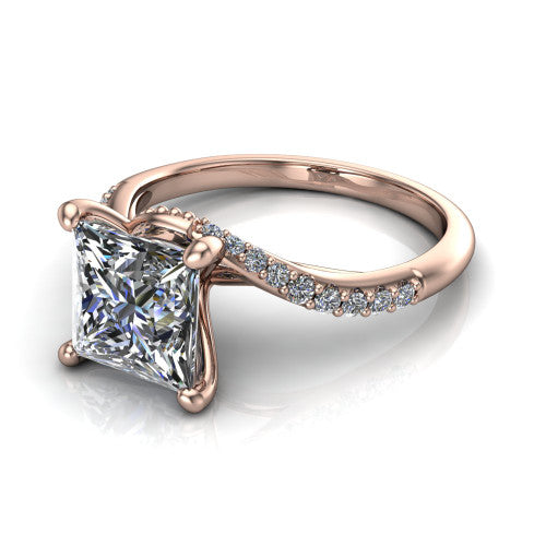 Aurora princess classic engagement ring in 14K Rose Gold, three-quarter perspective showing the solitaire center diamond above a twisting pav&eacute; bypass shank