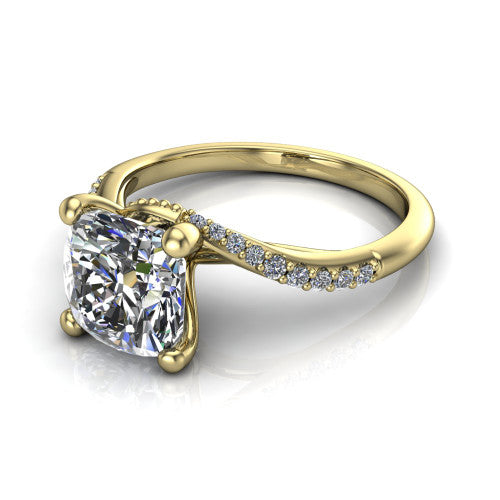 Aurora cushion classic engagement ring in 18K Yellow Gold, three-quarter perspective showing the solitaire center diamond above a twisting pav&eacute; bypass shank