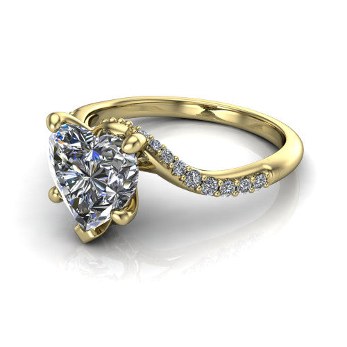 Aurora heart classic engagement ring in 18K Yellow Gold, three-quarter perspective showing the solitaire center diamond above a twisting pav&eacute; bypass shank