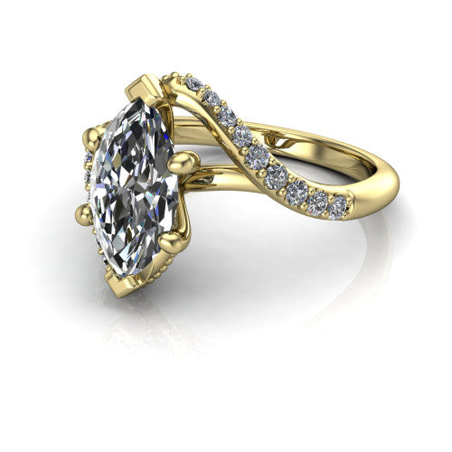 Aurora marquise classic engagement ring in 18K Yellow Gold, three-quarter perspective showing the solitaire center diamond above a twisting pav&eacute; bypass shank