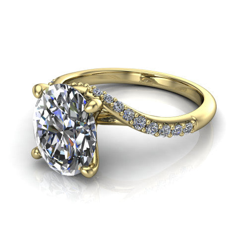 Aurora oval classic engagement ring in 14K Yellow Gold, three-quarter perspective showing the solitaire center diamond above a twisting pav&eacute; bypass shank