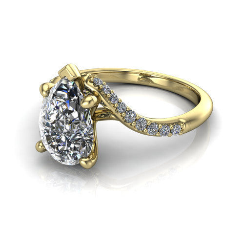 Aurora pear classic engagement ring in 18K Yellow Gold, three-quarter perspective showing the solitaire center diamond above a twisting pav&eacute; bypass shank
