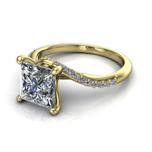 Aurora princess classic engagement ring in 18K Yellow Gold, three-quarter perspective showing the solitaire center diamond above a twisting pav&eacute; bypass shank