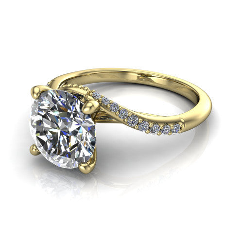 Aurora round classic engagement ring in 14K Yellow Gold, three-quarter perspective showing the solitaire center diamond above a twisting pav&eacute; bypass shank