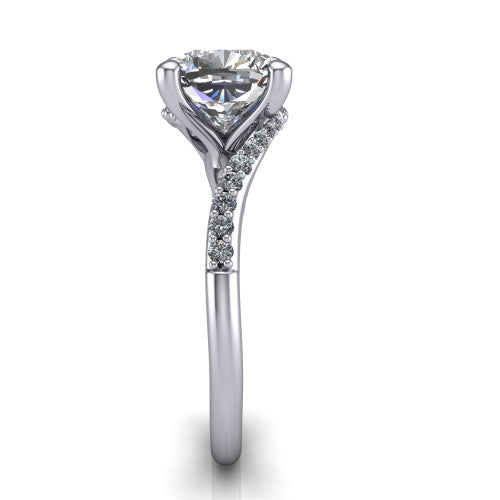 Aurora cushion classic engagement ring in Platinum, side profile showing the bypass shank crossing under the head into a diamond-lined band