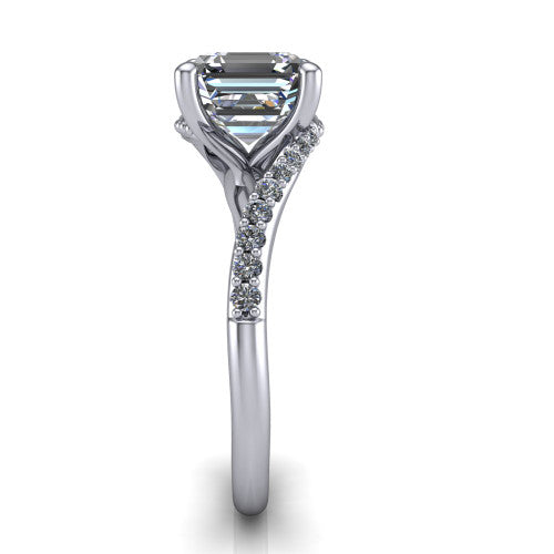 Aurora asscher classic engagement ring in Platinum, side profile showing the bypass shank crossing under the head into a diamond-lined band