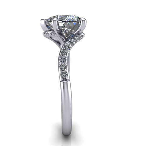 Aurora heart classic engagement ring in Platinum, side profile showing the bypass shank crossing under the head into a diamond-lined band