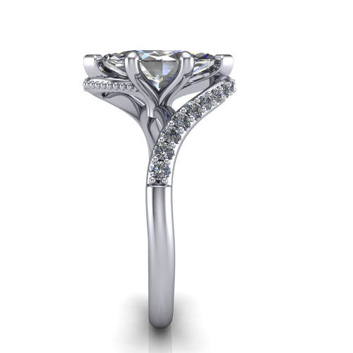 Aurora marquise classic engagement ring in Platinum, side profile showing the bypass shank crossing under the head into a diamond-lined band