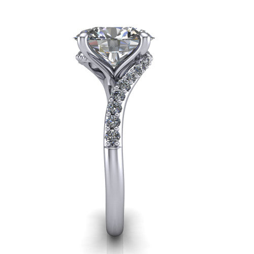 Aurora oval classic engagement ring in 14K White Gold, side profile showing the bypass shank crossing under the head into a diamond-lined band