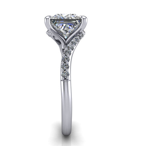 Aurora princess classic engagement ring in Platinum, side profile showing the bypass shank crossing under the head into a diamond-lined band