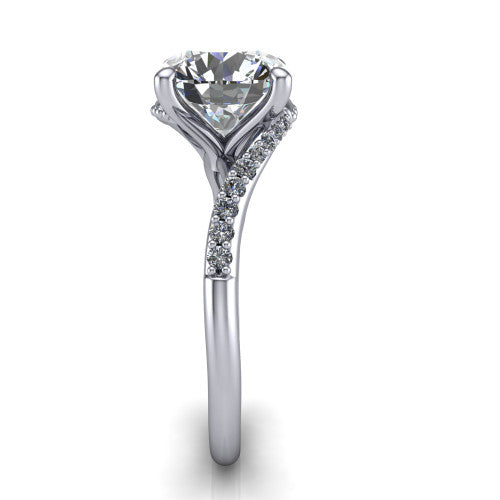 Aurora round classic engagement ring in 18K White Gold, side profile showing the bypass shank crossing under the head into a diamond-lined band