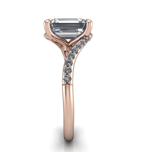 Aurora emerald classic engagement ring in 14K Rose Gold, side profile showing the bypass shank crossing under the head into a diamond-lined band