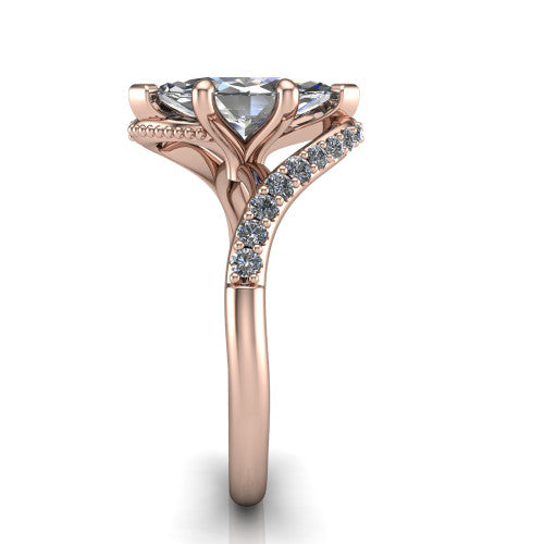 Aurora marquise classic engagement ring in 18K Rose Gold, side profile showing the bypass shank crossing under the head into a diamond-lined band