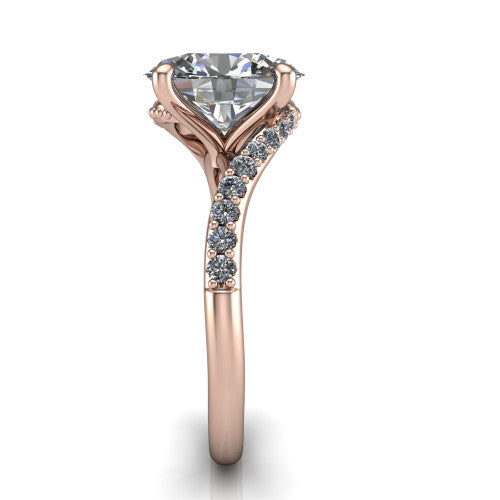 Aurora oval classic engagement ring in 14K Rose Gold, side profile showing the bypass shank crossing under the head into a diamond-lined band