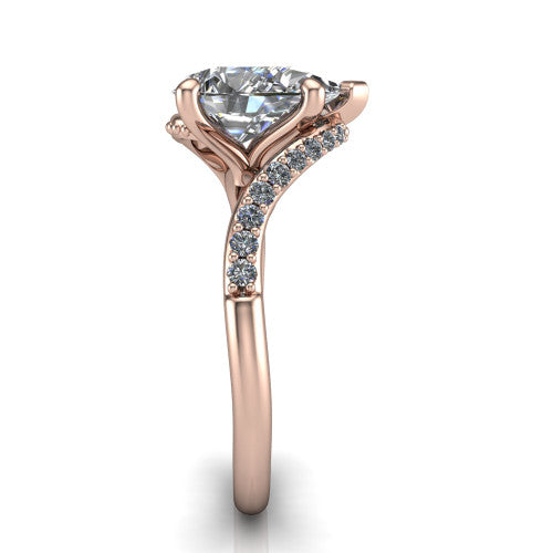 Aurora pear classic engagement ring in 18K Rose Gold, side profile showing the bypass shank crossing under the head into a diamond-lined band