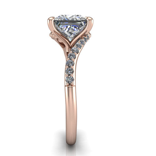 Aurora princess classic engagement ring in 14K Rose Gold, side profile showing the bypass shank crossing under the head into a diamond-lined band