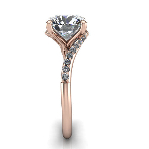 Aurora round classic engagement ring in 18K Rose Gold, side profile showing the bypass shank crossing under the head into a diamond-lined band