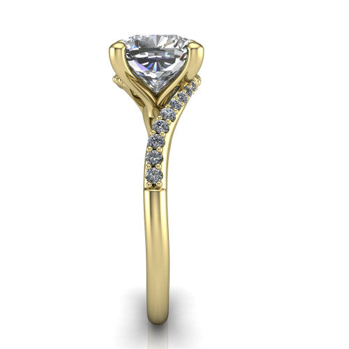 Aurora cushion classic engagement ring in 14K Yellow Gold, side profile showing the bypass shank crossing under the head into a diamond-lined band