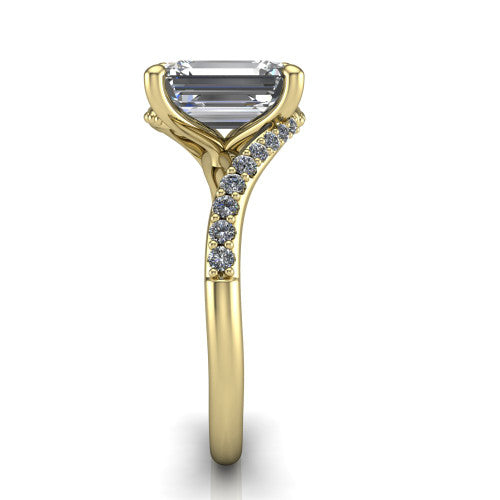 Aurora emerald classic engagement ring in 14K Yellow Gold, side profile showing the bypass shank crossing under the head into a diamond-lined band