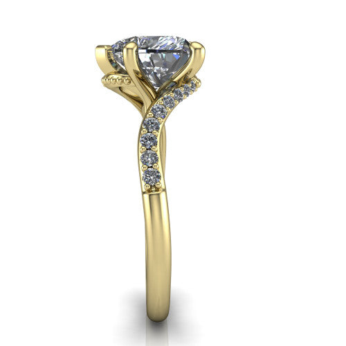 Aurora heart classic engagement ring in 18K Yellow Gold, side profile showing the bypass shank crossing under the head into a diamond-lined band