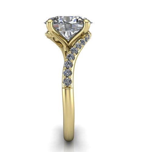 Aurora oval classic engagement ring in 14K Yellow Gold, side profile showing the bypass shank crossing under the head into a diamond-lined band