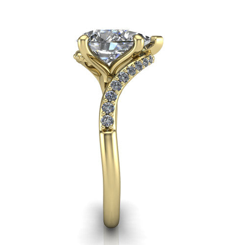Aurora pear classic engagement ring in 18K Yellow Gold, side profile showing the bypass shank crossing under the head into a diamond-lined band