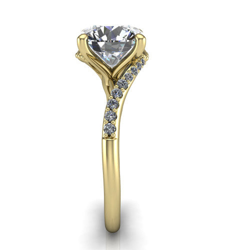 Aurora round classic engagement ring in 18K Yellow Gold, side profile showing the bypass shank crossing under the head into a diamond-lined band