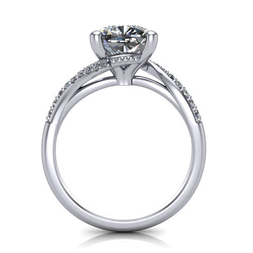Aurora cushion classic engagement ring in 14K White Gold, through-finger front profile showing the solitaire head raised above the twisting pav&eacute; band