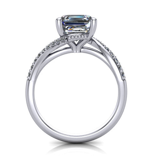 Aurora asscher classic engagement ring in Platinum, through-finger front profile showing the solitaire head raised above the twisting pav&eacute; band