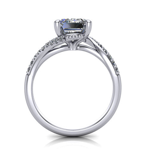 Aurora emerald classic engagement ring in 18K White Gold, through-finger front profile showing the solitaire head raised above the twisting pav&eacute; band