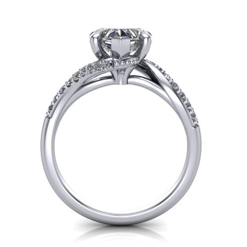 Aurora heart classic engagement ring in 18K White Gold, through-finger front profile showing the solitaire head raised above the twisting pav&eacute; band