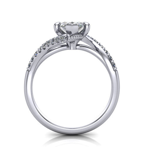 Aurora marquise classic engagement ring in 18K White Gold, through-finger front profile showing the solitaire head raised above the twisting pav&eacute; band