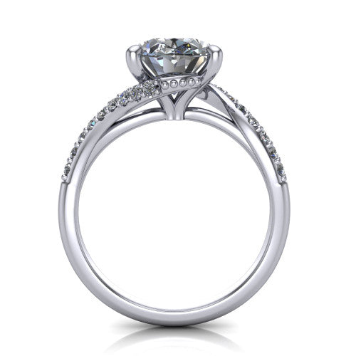 Aurora oval classic engagement ring in 18K White Gold, through-finger front profile showing the solitaire head raised above the twisting pav&eacute; band