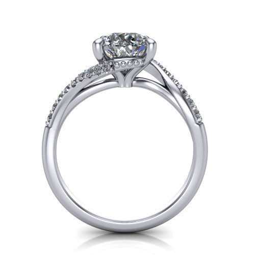 Aurora pear classic engagement ring in 14K White Gold, through-finger front profile showing the solitaire head raised above the twisting pav&eacute; band