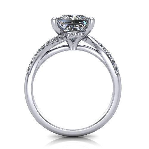 Aurora princess classic engagement ring in 14K White Gold, through-finger front profile showing the solitaire head raised above the twisting pav&eacute; band