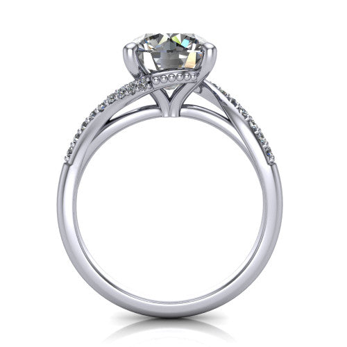 Aurora round classic engagement ring in 18K White Gold, through-finger front profile showing the solitaire head raised above the twisting pav&eacute; band