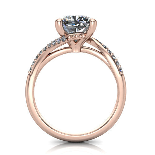 Aurora cushion classic engagement ring in 18K Rose Gold, through-finger front profile showing the solitaire head raised above the twisting pav&eacute; band