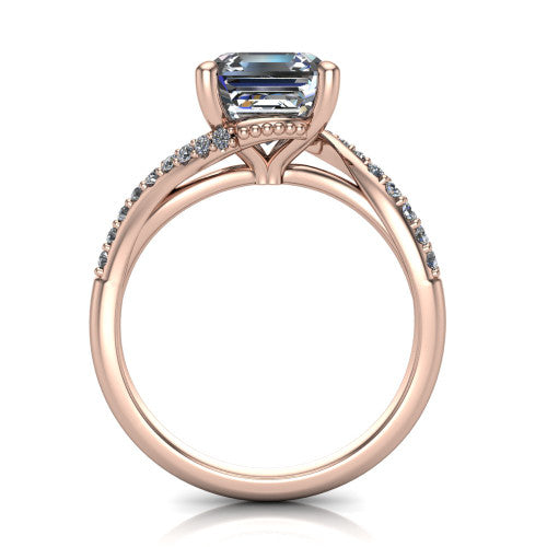Aurora asscher classic engagement ring in 14K Rose Gold, through-finger front profile showing the solitaire head raised above the twisting pav&eacute; band