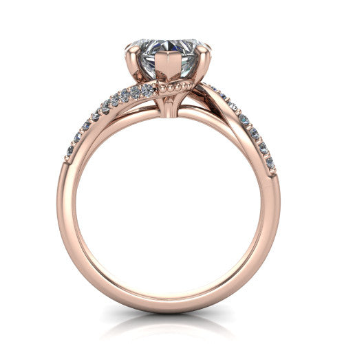 Aurora heart classic engagement ring in 18K Rose Gold, through-finger front profile showing the solitaire head raised above the twisting pav&eacute; band