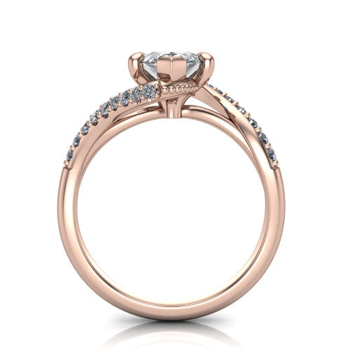 Aurora marquise classic engagement ring in 14K Rose Gold, through-finger front profile showing the solitaire head raised above the twisting pav&eacute; band